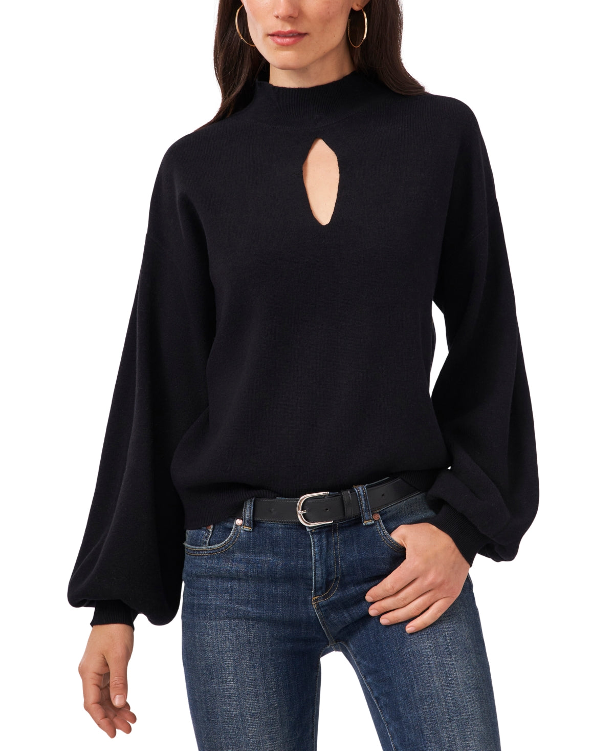 Suéter feminino Vince Camuto com manga de bispo e mistura de algodão, preto, tamanho médio