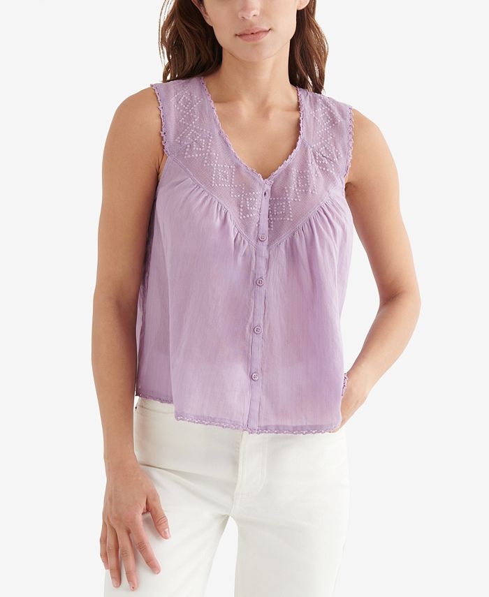 Blusa de algodão sem mangas com jugo bordado feminino Lucky Brand, roxa, tamanho XX-G