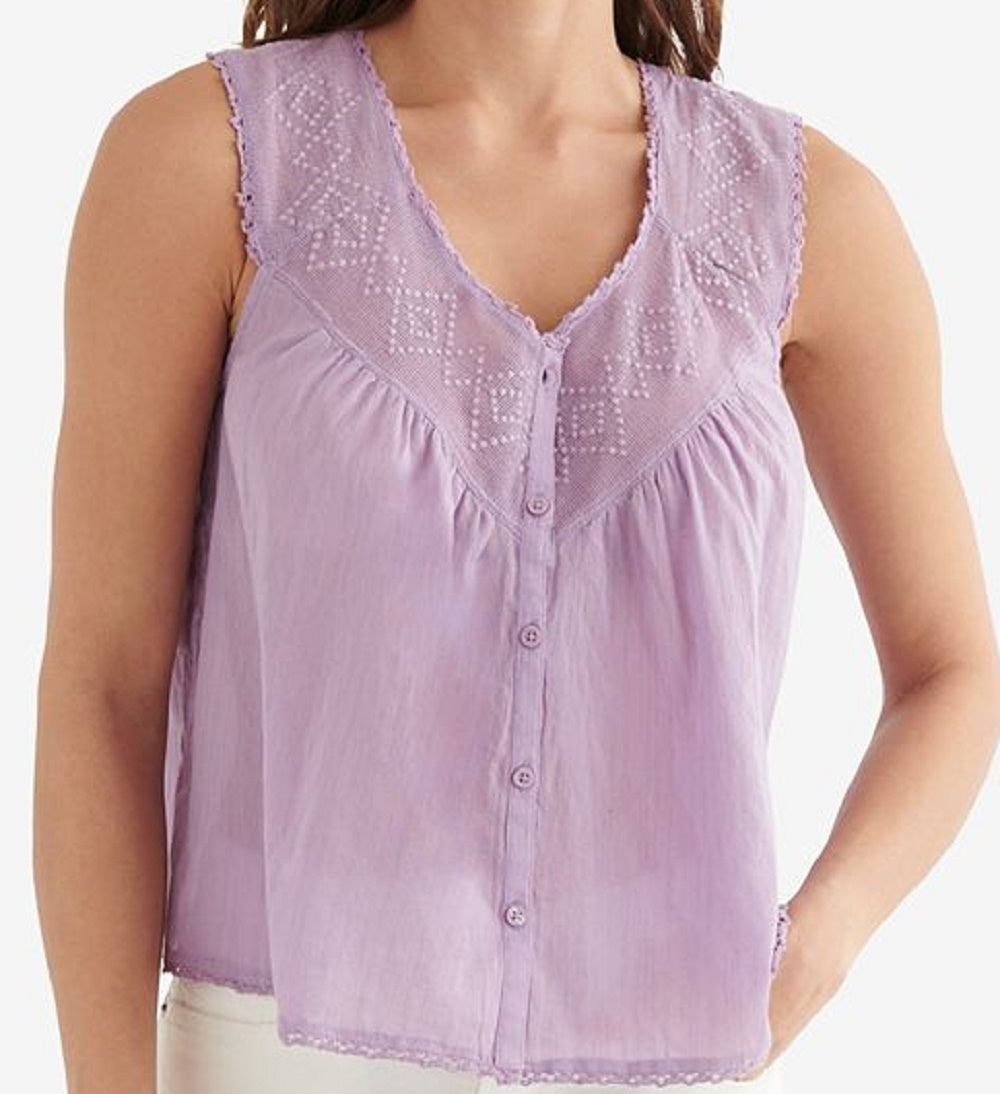 Blusa de algodão sem mangas com jugo bordado feminino Lucky Brand, roxa, tamanho XX-G
