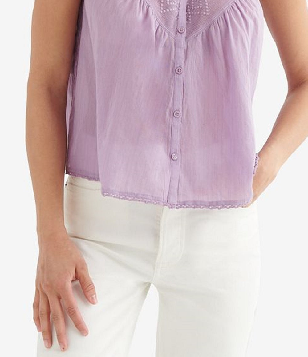 Blusa de algodão sem mangas com jugo bordado feminino Lucky Brand, roxa, tamanho XX-G