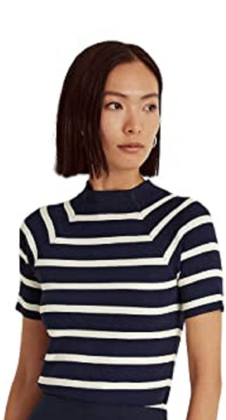 Suéter feminino listrado de manga curta Ralph Lauren, azul, tamanho grande