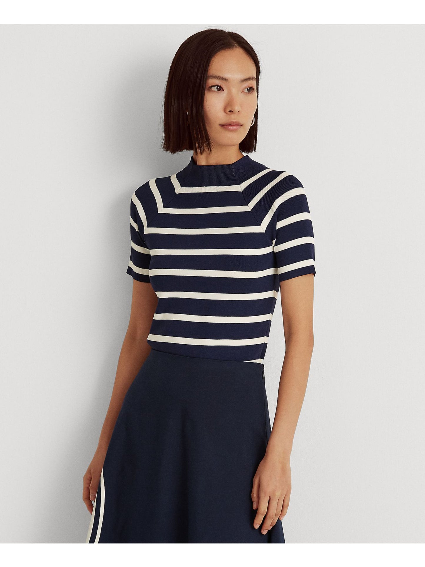 Suéter feminino listrado de manga curta Ralph Lauren, azul, tamanho médio