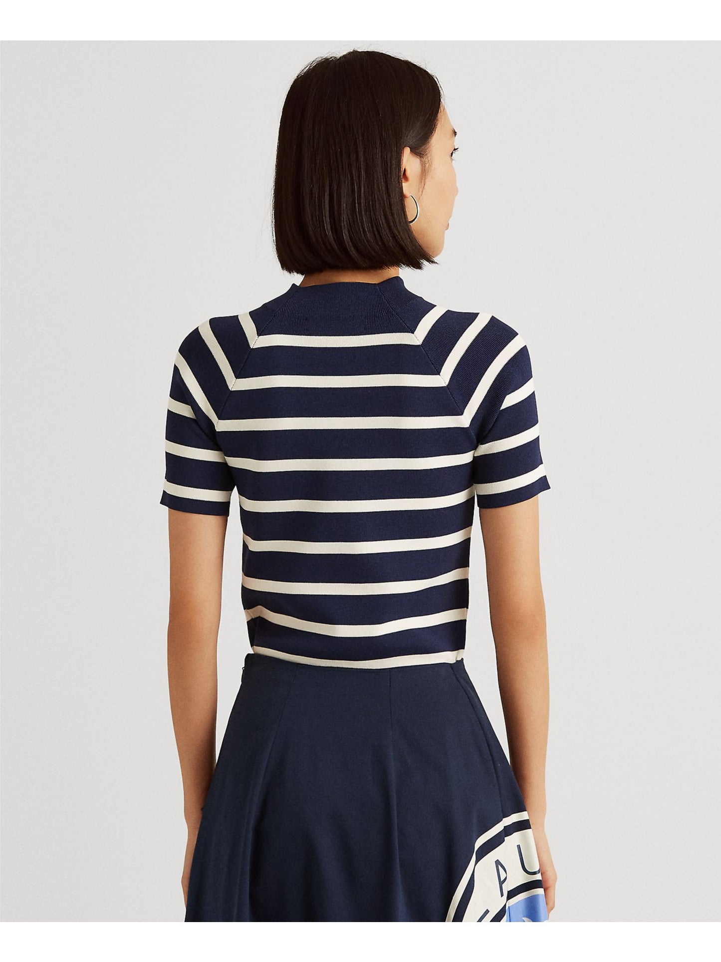 Suéter feminino listrado de manga curta Ralph Lauren, azul, tamanho médio