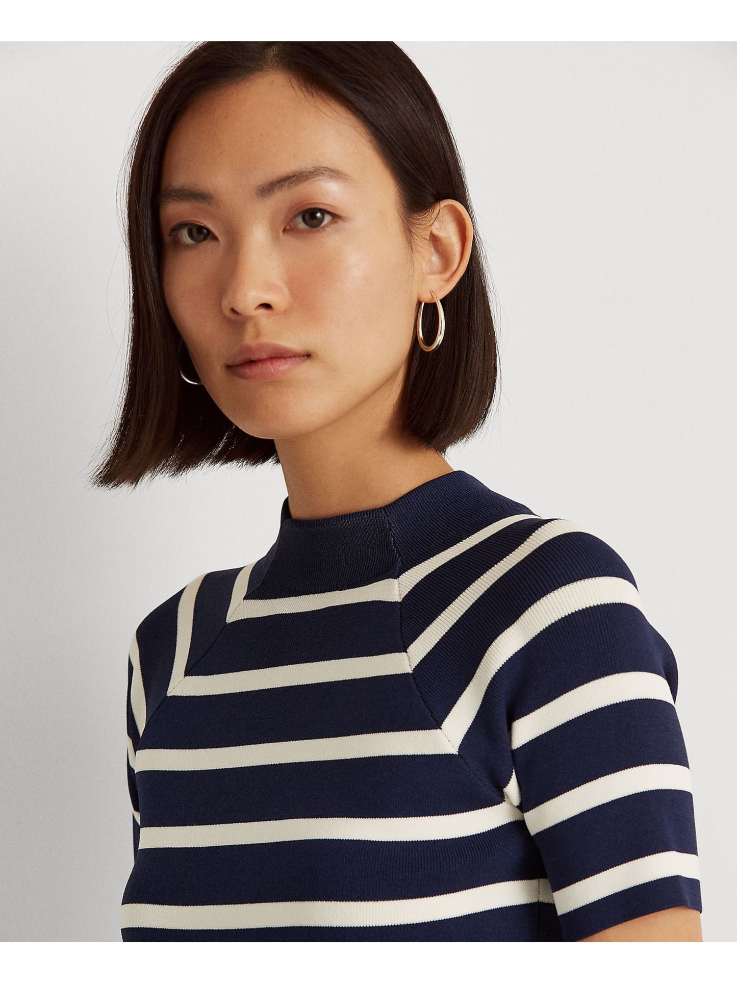 Suéter feminino listrado de manga curta Ralph Lauren, azul, tamanho médio