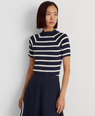 Suéter feminino listrado de manga curta Ralph Lauren, azul, tamanho pequeno