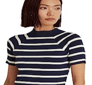 Suéter feminino listrado de manga curta Ralph Lauren, azul, tamanho X-S