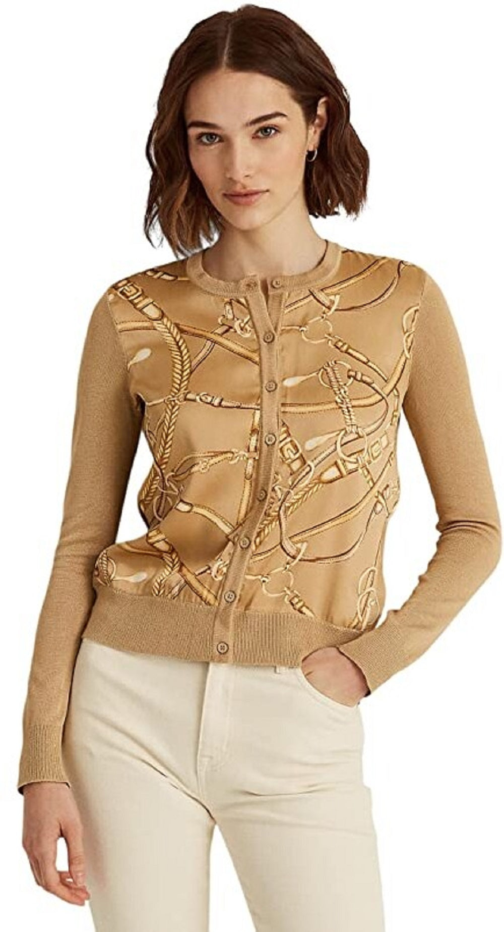 Cardigan Ralph Lauren Feminino Estampa Equestre Marrom Tamanho P