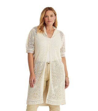 Cardigan Ralph Lauren Pointelle com manga bufante, branco, tamanho 1X