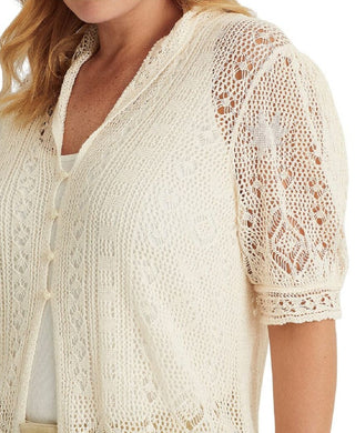 Cardigan Ralph Lauren Pointelle com manga bufante, branco, tamanho 1X