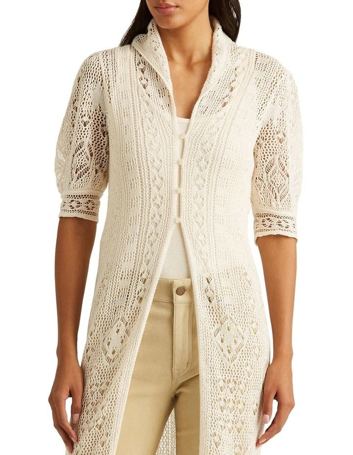 Cardigan de linho com manga bufante e ponto cruz Ralph Lauren feminino, marrom, tamanho 2X