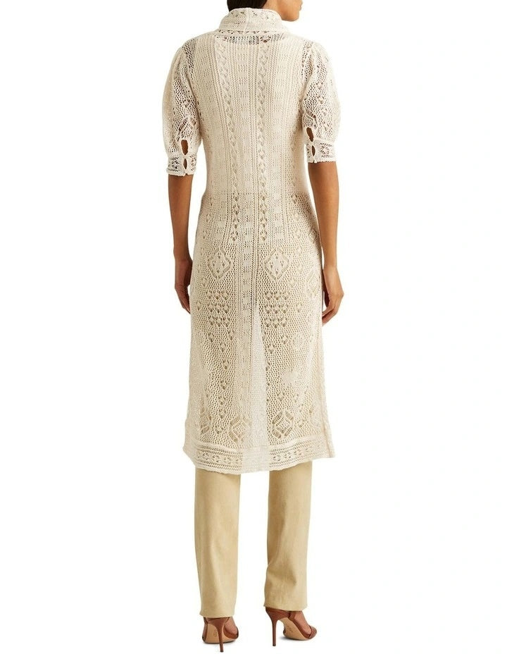 Cardigan de linho com manga bufante e ponto cruz Ralph Lauren feminino, marrom, tamanho 2X