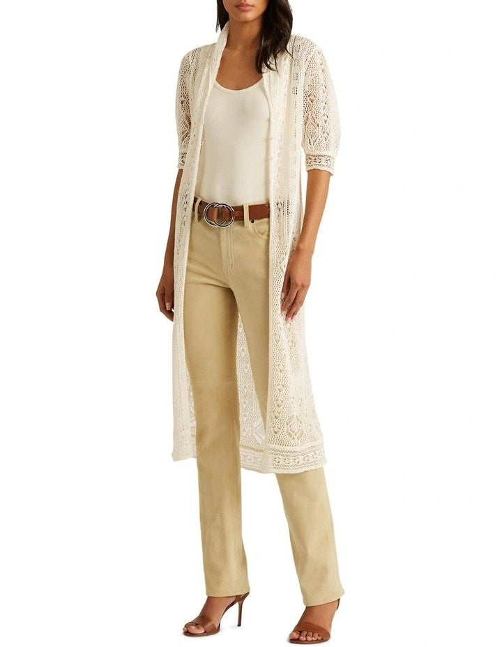 Cardigan de linho com manga bufante e ponto cruz Ralph Lauren feminino, marrom, tamanho 2X