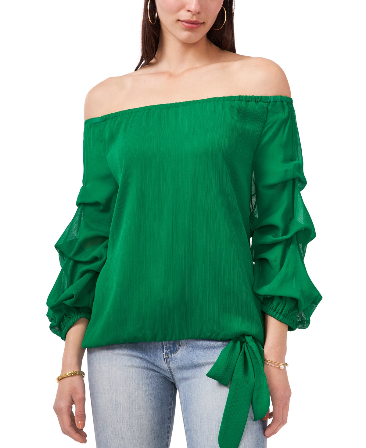 Vince Camuto Blusa feminina com mangas em camadas e ombros de fora, verde, tamanho médio