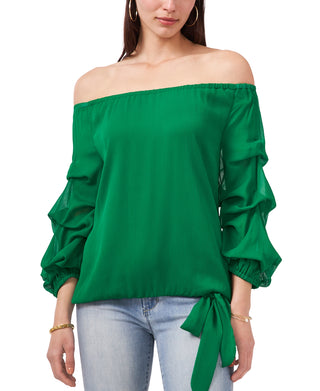 Vince Camuto Blusa feminina com mangas em camadas e ombros de fora, verde, tamanho médio