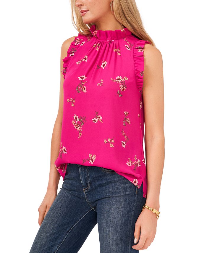 Blusa feminina Vince Camuto com estampa floral e franzido, sem mangas, preta, tamanho P