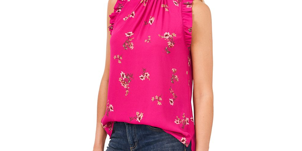 Blusa feminina Vince Camuto com estampa floral e franzido, sem mangas, preta, tamanho P