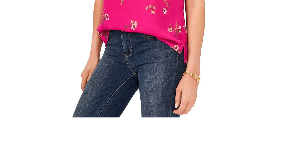 Blusa feminina Vince Camuto com estampa floral e franzido, sem mangas, preta, tamanho P