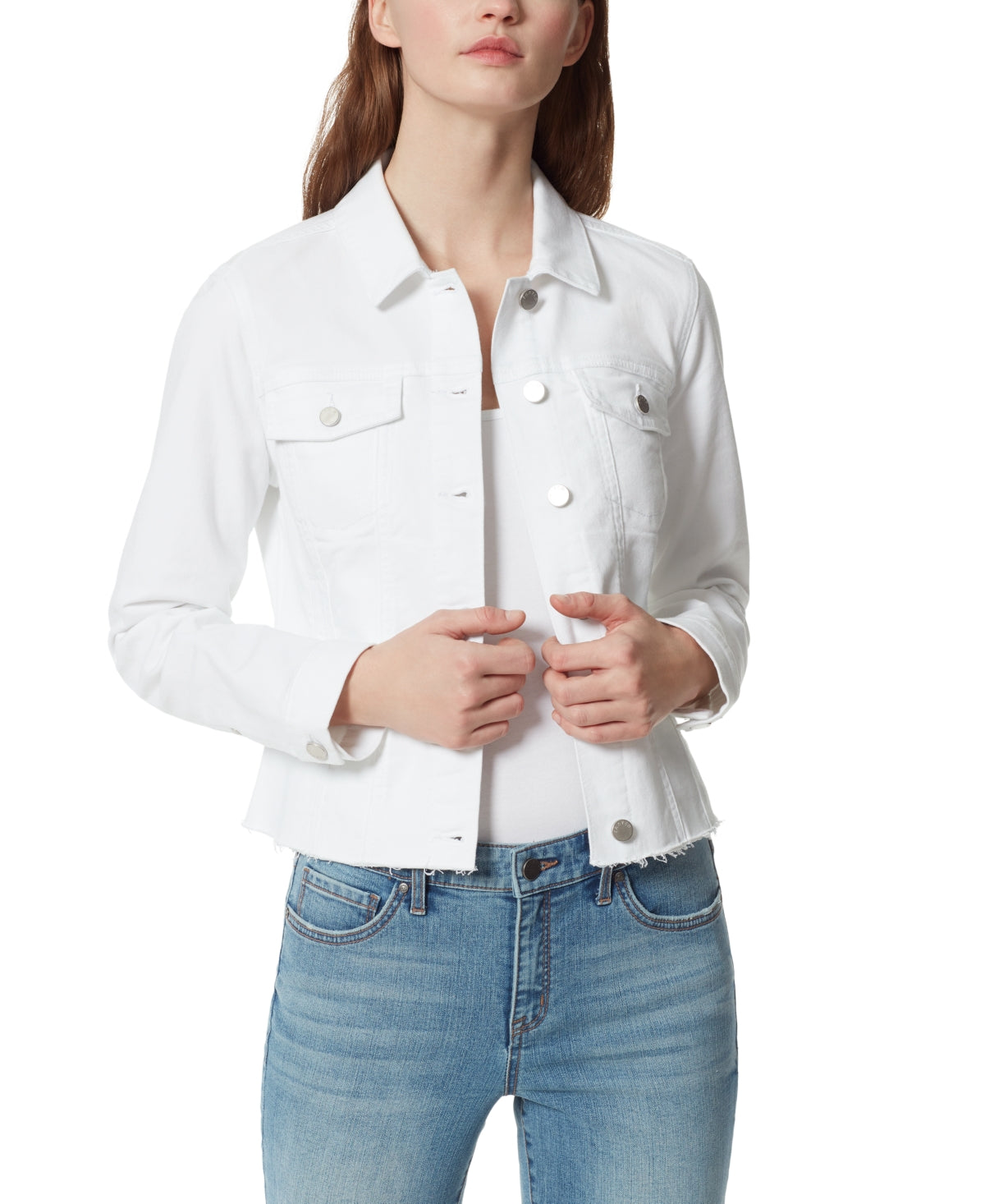 Jaqueta jeans feminina clássica, branca, tamanho médio