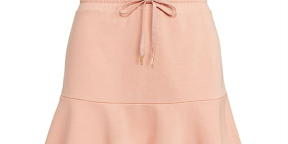 Saia evasê Ralph Lauren feminina bordada, com babados, cintura elástica, cordão, sem forro, comprimento até o joelho, rosa, tamanho extragrande