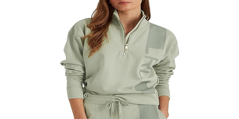Moletom Ralph Lauren French Terry Feminino com Zíper 1/4 Verde Tamanho Grande