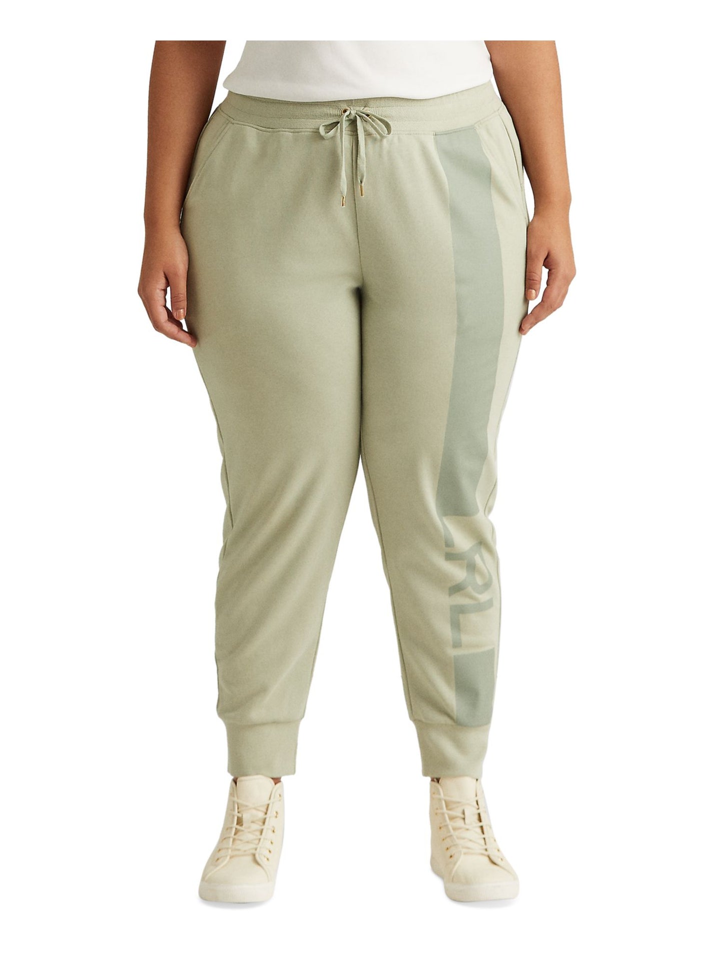 Calça jogger feminina Ralph Lauren com bolsos e cordão, comprimento até o tornozelo, com estampa de logotipo, verde, tamanho 1X