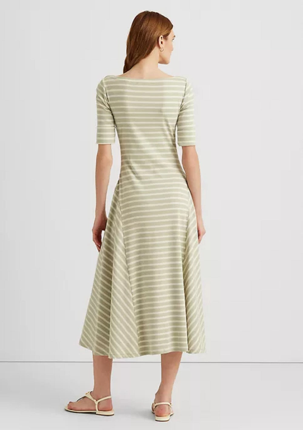 Vestido midi listrado de algodão elástico Ralph Lauren feminino, verde, tamanho pequeno