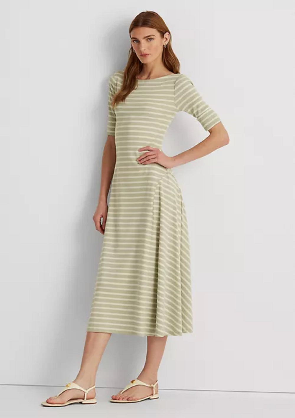 Vestido midi listrado de algodão elástico Ralph Lauren feminino, verde, tamanho XG