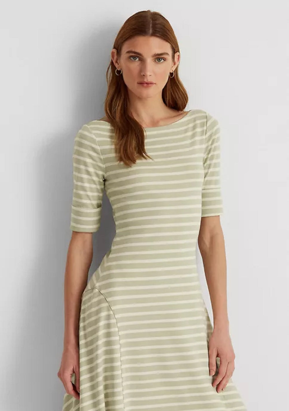 Vestido midi listrado de algodão elástico Ralph Lauren feminino, verde, tamanho XG