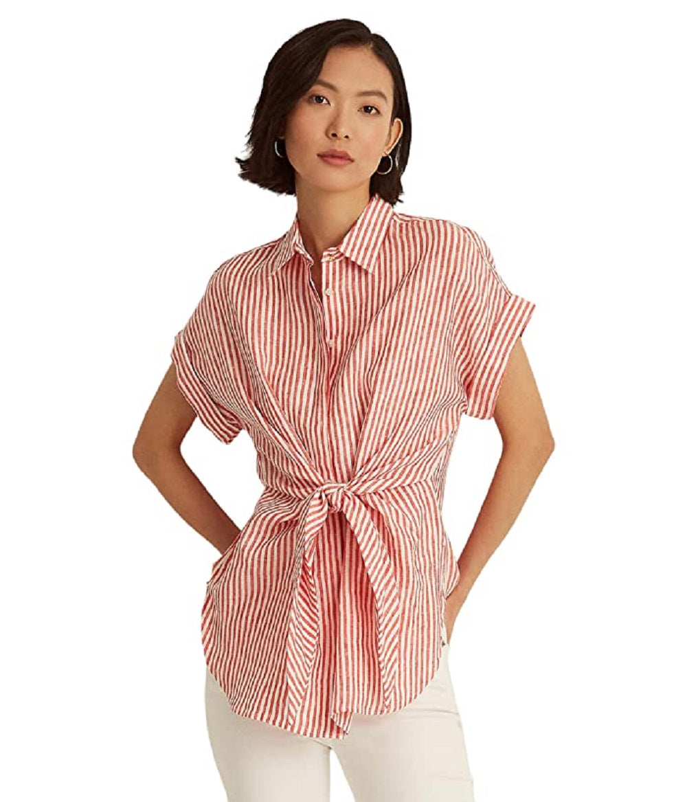 Camisa de linho listrada Ralph Lauren feminina, tamanho médio, vermelha