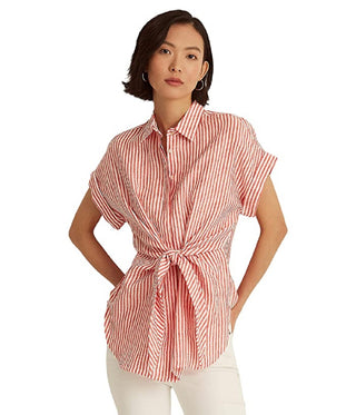 Camisa de linho listrada Ralph Lauren feminina, tamanho médio, vermelha