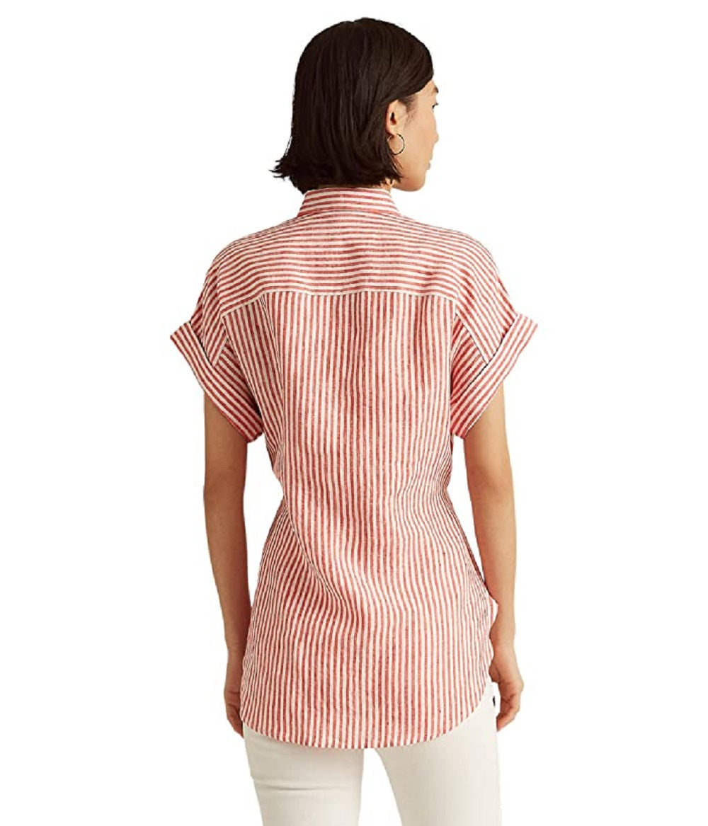 Camisa de linho listrada Ralph Lauren feminina, tamanho médio, vermelha