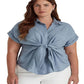 Camisa de linho Ralph Lauren feminina com amarração frontal, azul, tamanho 1X