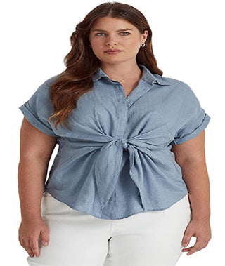 Camisa de linho Ralph Lauren feminina com amarração frontal, azul, tamanho 1X