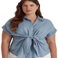 Camisa de linho Ralph Lauren feminina com amarração frontal, azul, tamanho 1X