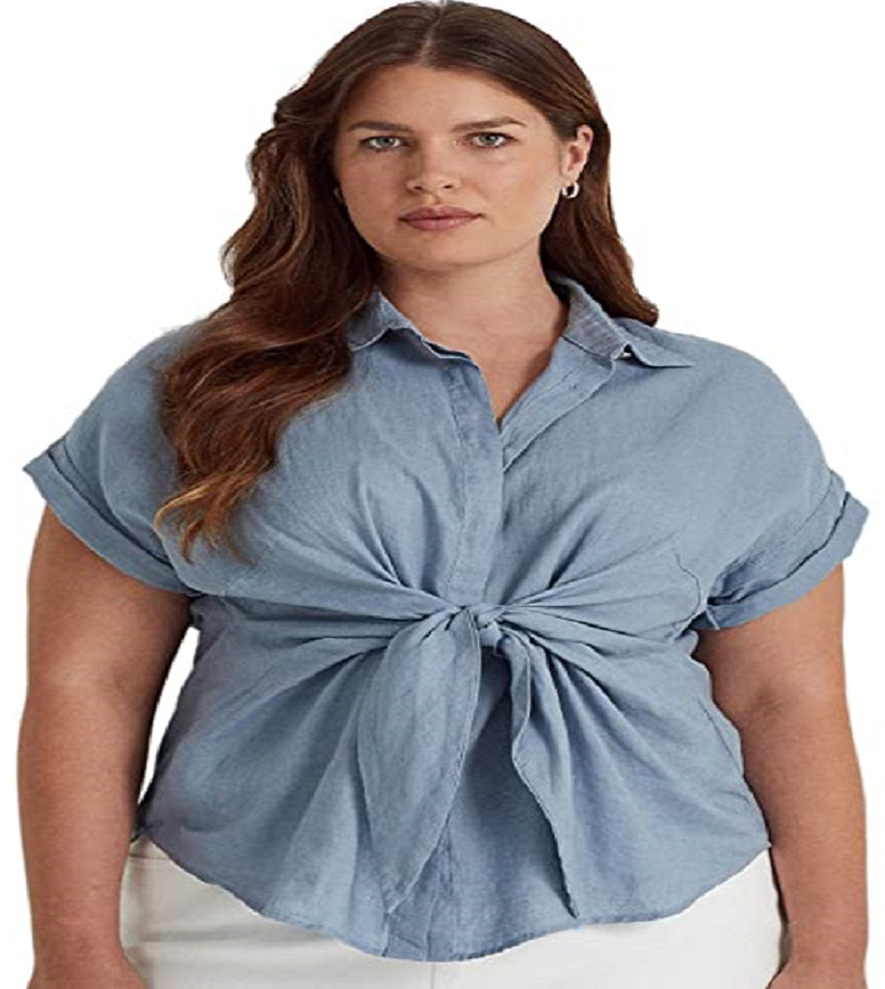 Camisa de linho Ralph Lauren feminina com amarração frontal, azul, tamanho 1X
