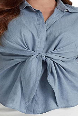 Camisa de linho Ralph Lauren feminina com amarração frontal, azul, tamanho 1X