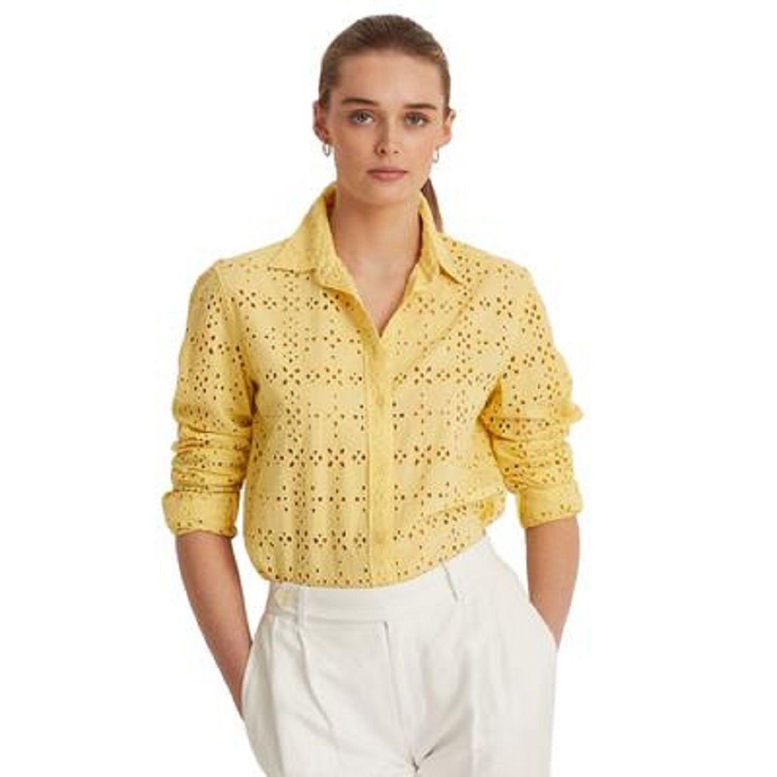 Camisa Ralph Lauren Feminina de Algodão com Ilhós, Amarela, Tamanho 1X