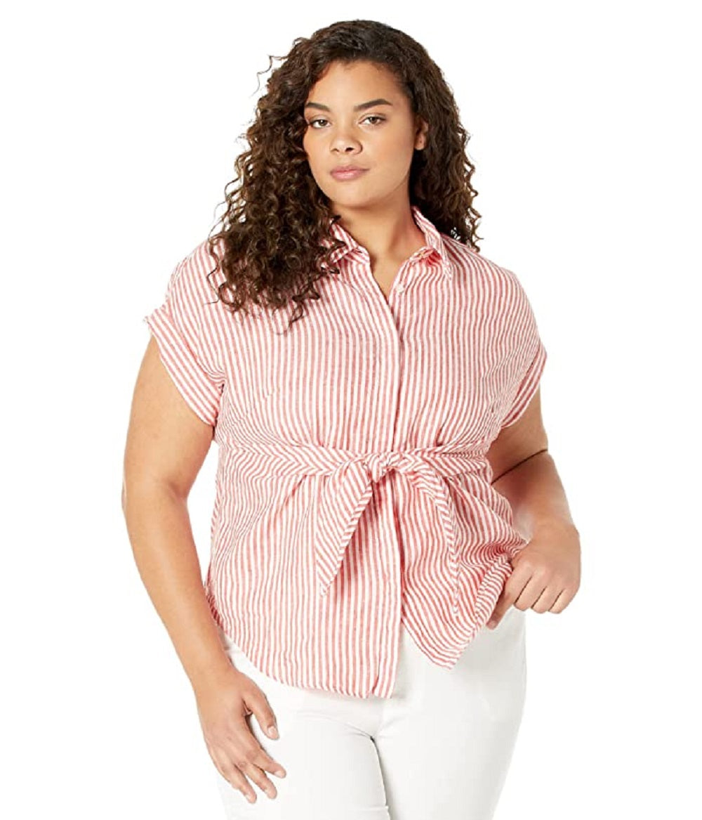 Camisa de linho listrada Ralph Lauren feminina, tamanho 1X, vermelha