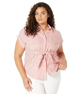 Camisa de linho listrada Ralph Lauren feminina, tamanho 1X, vermelha