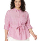 Camisa de linho com logotipo listrado Ralph Lauren feminina, rosa, tamanho 3X