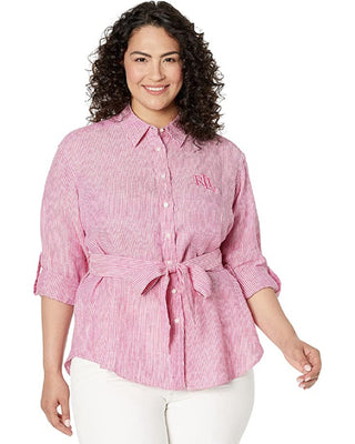 Camisa de linho com logotipo listrado Ralph Lauren feminina, rosa, tamanho 3X