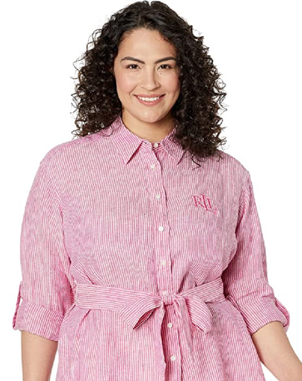Camisa de linho com logotipo listrado Ralph Lauren feminina, rosa, tamanho 3X