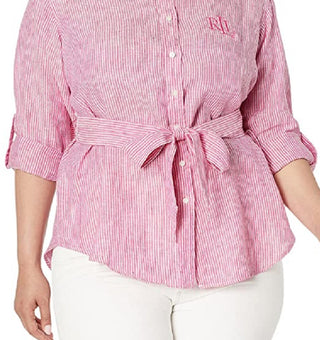 Camisa de linho com logotipo listrado Ralph Lauren feminina, rosa, tamanho 3X
