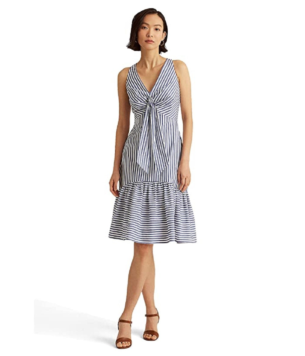 Vestido Ralph Lauren Feminino Listrado Frente Amarrada Crepe Branco Tamanho 12