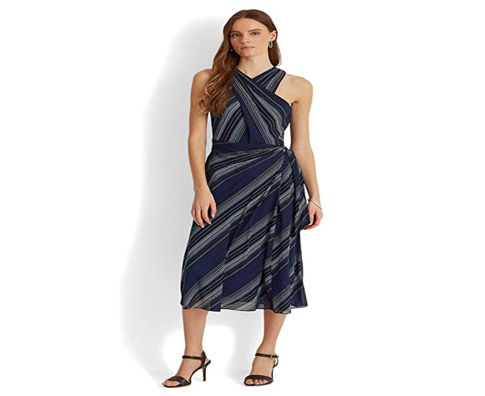 Vestido Halter Ralph Lauren Feminino Listrado Crinkle Georgette Azul Tamanho 4