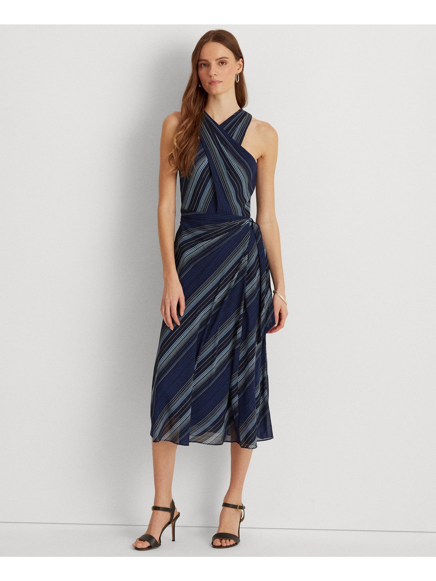 Vestido Halter Ralph Lauren Feminino Listrado Crinkle Georgette Azul Tamanho 8