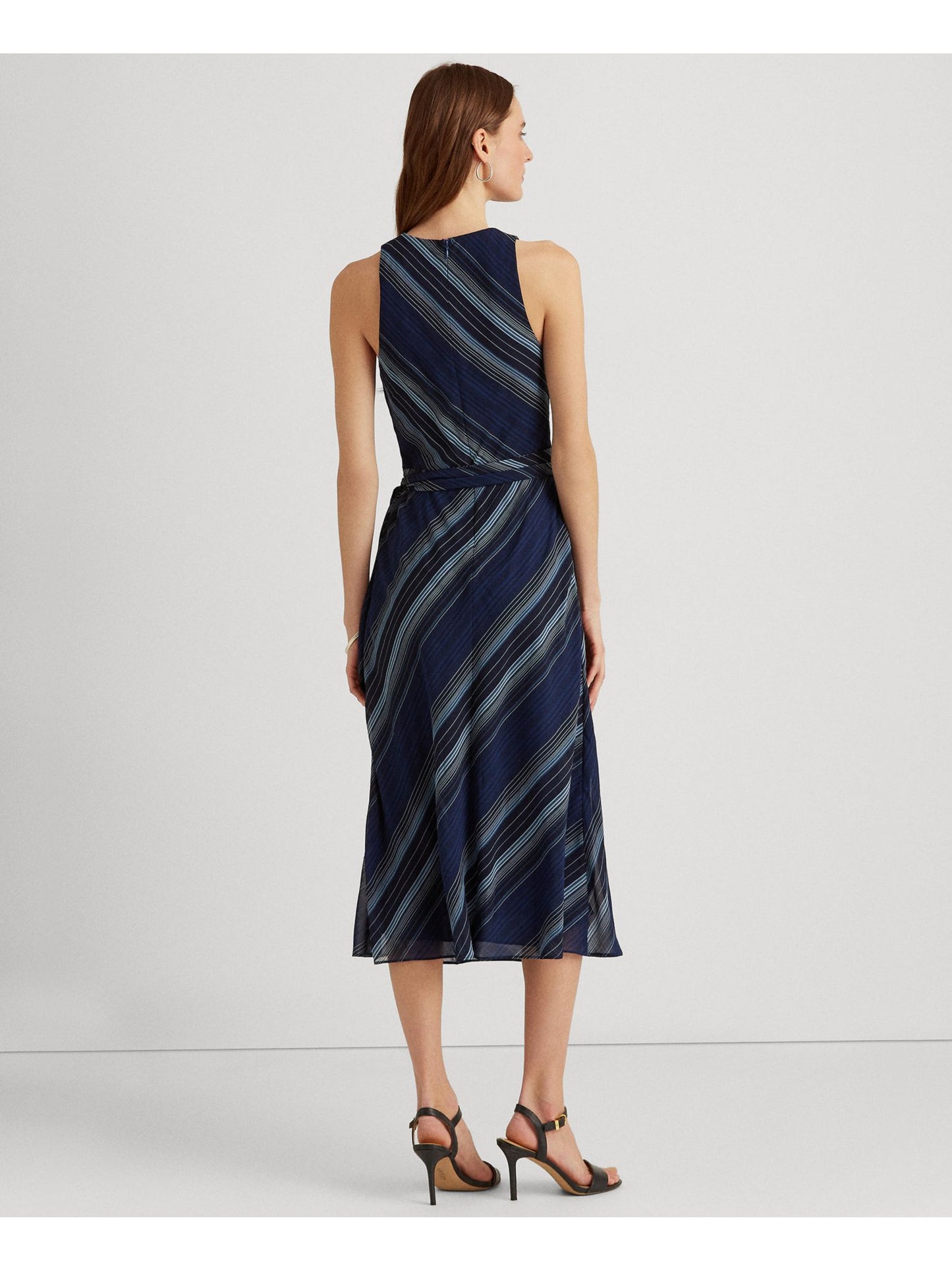 Vestido Halter Ralph Lauren Feminino Listrado Crinkle Georgette Azul Tamanho 8