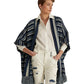 Cardigan feminino listrado de algodão com franjas e acabamento em azul, tamanho pequeno