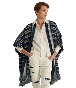Cardigan feminino listrado de algodão com franjas e acabamento em azul, tamanho pequeno