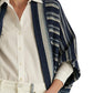 Cardigan feminino listrado de algodão com franjas e acabamento em azul, tamanho pequeno